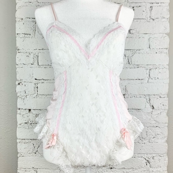 VTG 80s Inner Most Pink Lace Bow Floral Ruffle Bodysuit Lingerie Nightie Teddy S - Picture 2 of 12